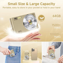 Load image into Gallery viewer, Digital Camera, 2026 FHD 4K Autofocus Digital Camera with 64GB SD Card 16X Digital Zoom, Gold Cameras for Photography Portable Compact Point and Shoot Camera for Teens Adult Kids Gift_484
