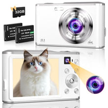 Load image into Gallery viewer, Digital Camera 4K 48MP Dual Cameras for Photography, 16X Digital Zoom Point and Shoot Cameras with 32GB Card &amp; 2 Batteries Camera for Boys Girls Kids - White_1
