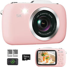 Load image into Gallery viewer, Digital Camera, 5K Vlogging Camera for Photography, 80MP Autofocus Point and Shoot Digital Camera for Beginner Teens Kids, 18X Zoom Portable Compact Travel Camera, Flash, 32GB Card &amp; 2 Batteries(Pink)_1
