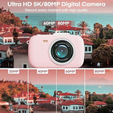 Load image into Gallery viewer, Digital Camera, 5K Vlogging Camera for Photography, 80MP Autofocus Point and Shoot Digital Camera for Beginner Teens Kids, 18X Zoom Portable Compact Travel Camera, Flash, 32GB Card &amp; 2 Batteries(Pink)_536
