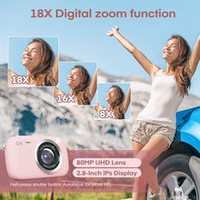 Load image into Gallery viewer, Digital Camera, 5K Vlogging Camera for Photography, 80MP Autofocus Point and Shoot Digital Camera for Beginner Teens Kids, 18X Zoom Portable Compact Travel Camera, Flash, 32GB Card &amp; 2 Batteries(Pink)_537
