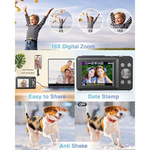 Load image into Gallery viewer, Digital Camera, FHD 1080P Point and Shoot Camera with 16X Zoom Anti Shake 32GB Card, Compact Small Video Camera Gift for Kids Teens Starter Boys Girls(Deep Black), DeepBlack_2366
