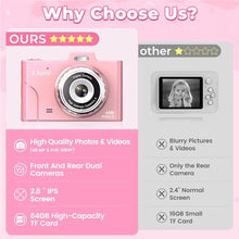 Load image into Gallery viewer, Digital Camera for Kids, 48MP 1080P FHD Camera with 64GB Card, 8X Digital Zoom Point and Shoot Digital Camera Compact Small Camera Gifts for Teens Students Children Kids Boys Girls(Pink)_5900
