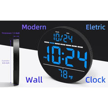 Load image into Gallery viewer, Digital Wall Clock with Large LED Display, Date, Temperature, Auto-Brightness | Small [PLUG-IN] Clock | Modern Electric Wall Clock for Bedroom, Classroom, Living Room, Home, Office, Farmhouse - Blue_6033
