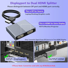 Load image into Gallery viewer, DisplayPort to Dual HDMI Adapter, 4K@60Hz DP to HDMI Splitter Extended Display, Double hdmi Adapter for 2 Monitors, hdmi Dual Monitor Adapter, DisplayPort MST Hub for Desktop Laptop Graphic Card, Gray_240
