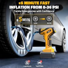 Load image into Gallery viewer, DIYtoolifz 150PSI Tire Inflator Portable Air Compressor: Cordless Air Pump Compatible with Dewalt 20V Battery - Car Tire Pump with Digital Pressure Gauge &amp; LED Light for Auto, Motorcycles (Tool Only), YellowCompatibleWithDewaltvbaretool_391
