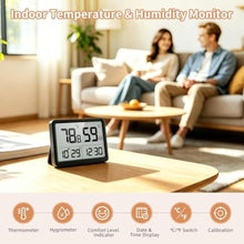 Load image into Gallery viewer, DOOMAY Digital Room Thermometer and Humidity Monitor with Calibration,High Accuracy Sensor Indoor Hygrometer with Date &amp; Clock Desktop Magnet Sticky for Baby Room Greenhouse Guitar(Black)_6927
