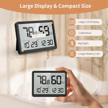 Load image into Gallery viewer, DOOMAY Digital Room Thermometer and Humidity Monitor with Calibration,High Accuracy Sensor Indoor Hygrometer with Date &amp; Clock Desktop Magnet Sticky for Baby Room Greenhouse Guitar(Black)_6928
