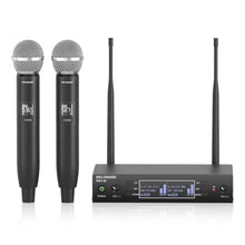 Load image into Gallery viewer, Dual Channel Wireless Microphone System, MELONARE Auto-Scan Professional Cordless Dynamic Mic Set, 260ft Range, 2x100 UHF Metal Wireless Mic for Singing, Karaoke, Church, Wedding, DJ (MWU-20-2H), Black_1
