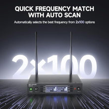 Load image into Gallery viewer, Dual Channel Wireless Microphone System, MELONARE Auto-Scan Professional Cordless Dynamic Mic Set, 260ft Range, 2x100 UHF Metal Wireless Mic for Singing, Karaoke, Church, Wedding, DJ (MWU-20-2H), Black_5167
