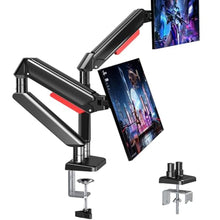 Load image into Gallery viewer, Dual Monitor Stand - Full Motion Adjustable Dual Monitor Mount with Gas Spring for 13-32 inch Computer Screens, Monitor Desk Mount Monitor Arm with C Clamp, Grommet Mounting Base Loading 4.4-19.8 lbs, BLACKRED_1
