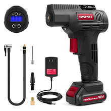 Load image into Gallery viewer, Eastvolt 12V Tire Inflator Air Compressor, Multi-Purpose Electric Power, Max 150PSI with 4-Unit Measurement Gauge, 3 Nozzles, Fast Charger and 1.5 Ah Rechargeable Battery, BlackRed_1
