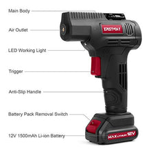 Load image into Gallery viewer, Eastvolt 12V Tire Inflator Air Compressor, Multi-Purpose Electric Power, Max 150PSI with 4-Unit Measurement Gauge, 3 Nozzles, Fast Charger and 1.5 Ah Rechargeable Battery, BlackRed_7135
