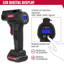 Load image into Gallery viewer, Eastvolt 12V Tire Inflator Air Compressor, Multi-Purpose Electric Power, Max 150PSI with 4-Unit Measurement Gauge, 3 Nozzles, Fast Charger and 1.5 Ah Rechargeable Battery, BlackRed_7136
