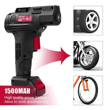 Load image into Gallery viewer, Eastvolt 12V Tire Inflator Air Compressor, Multi-Purpose Electric Power, Max 150PSI with 4-Unit Measurement Gauge, 3 Nozzles, Fast Charger and 1.5 Ah Rechargeable Battery, BlackRed_7137
