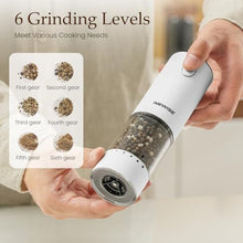 Load image into Gallery viewer, Electric Salt and Pepper Grinder Set, Rechargeable with LED Lights, Stainless Steel Automatic Pepper &amp; Salt Mill, Adjustable Coarseness, Large Capacity, White_5667
