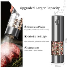 Load image into Gallery viewer, Electric Salt and Pepper Grinder Set, Upgraded Larger Capacity Stainless Steel Automatic Salt and Pepper Mill Set Refillable with 5 Adjustable Coarseness Stainless Steel Color Shaker, StainlessSteelColor_3903
