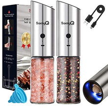Load image into Gallery viewer, Electric Salt and Pepper Grinder Set - USB Rechargeable Gravity Salt and Pepper Shakers, Automatic Glass Mill with Adjustable Coarseness, LED Light, One-Hand Operation for Kitchen &amp; Dining, silverywhite_1
