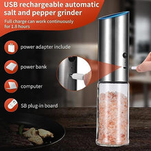 Load image into Gallery viewer, Electric Salt and Pepper Grinder Set - USB Rechargeable Gravity Salt and Pepper Shakers, Automatic Glass Mill with Adjustable Coarseness, LED Light, One-Hand Operation for Kitchen &amp; Dining, silverywhite_7084

