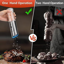 Load image into Gallery viewer, Electric Salt and Pepper Grinder Set - USB Rechargeable Gravity Salt and Pepper Shakers, Automatic Glass Mill with Adjustable Coarseness, LED Light, One-Hand Operation for Kitchen &amp; Dining, silverywhite_7085
