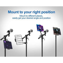Load image into Gallery viewer, elitehood Aluminum iPad Holder for Mic Stand, Side Mount iPad Music Stand Holder for Microphone, 360 Swivel Tilt Adjustable Mic Tablet Mount for 4-13in iPhone, Cell Phones and Tablets, Black_8211
