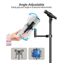Load image into Gallery viewer, elitehood Aluminum iPad Holder for Mic Stand, Side Mount iPad Music Stand Holder for Microphone, 360 Swivel Tilt Adjustable Mic Tablet Mount for 4-13in iPhone, Cell Phones and Tablets, Black_8213
