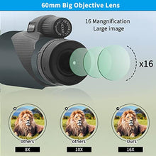 Load image into Gallery viewer, Etemen Monocular Telescope 16x60 HD High Powered Monocular for Adults High Definition Telescope with Smartphone Holder&amp;Tripod for Hunting Travel Camping Hiking Concert Travelling Bird Watching, darkgreen_2240
