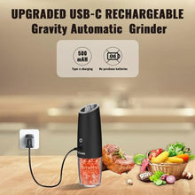 Load image into Gallery viewer, FaCreate UPGRADED USB RECHARGEABLE Gravity Electric Salt and Pepper Grinder Set,Battery Powered Automatic Operation Salt and Pepper Shakers,LED Light Adjustable Coarseness Mill 2 PACK(BLACK)_765
