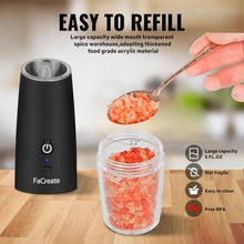 Load image into Gallery viewer, FaCreate UPGRADED USB RECHARGEABLE Gravity Electric Salt and Pepper Grinder Set,Battery Powered Automatic Operation Salt and Pepper Shakers,LED Light Adjustable Coarseness Mill 2 PACK(BLACK)_768
