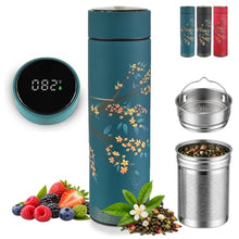 Load image into Gallery viewer, Farasi Tea Infuser for Loose Leaf Tea Smart Water Bottle with Temperature Display, Stainless Steel Insulated Coffee and Fruit Tea Infuser Bottle - Green Floral Travel Tea Mugs 15 oz_1
