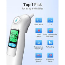 Load image into Gallery viewer, Femometer Family Ear Thermometer, Highly Accurate Ear Thermometer for Kids, Adults and Babies, 30 Memory Recall, 1s Result and 3-Color Fever Alert, with 24 Disposable Probe Covers, White_3006
