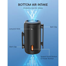 Load image into Gallery viewer, FIHECAL Mini Clip On Waist Fan with Infinite Speed Dial, Rechageable Hands-Free Wearable Shirt/Belt Fan with High Speed Airflow, Portable Neck Fan for Outdoor Working Camping Fishing Cooling Down, Black_5426
