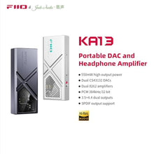 Load image into Gallery viewer, FiiO/JadeAudio KA13 Portable DAC Dongle, USB-C Adapter, 3.5mm and 4.4mm Outputs Compatible with Android/iOS System/PC/Music Players, PCM 384kHz/32bit | DSD256 550mW high Power (Black)_7441

