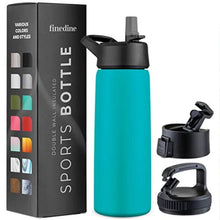 Load image into Gallery viewer, FineDine Water Bottle - Stainless Steel Insulated Water Bottle with Straw Lid, Flip Lid &amp; Wide-Mouth Cap - Keeps Hot and Cold - 25 Oz / 739ml - Cheery Turquoise, CheeryTurquoise_1
