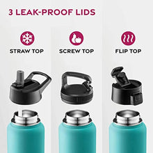 Load image into Gallery viewer, FineDine Water Bottle - Stainless Steel Insulated Water Bottle with Straw Lid, Flip Lid &amp; Wide-Mouth Cap - Keeps Hot and Cold - 25 Oz / 739ml - Cheery Turquoise, CheeryTurquoise_2155
