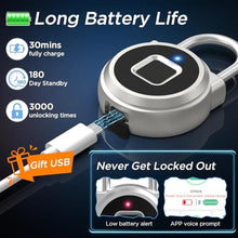 Load image into Gallery viewer, Fingerprint Lock, Dhiedas Gym Lock, Bluetooth Lock, Small Fingerprint Padlock with Keyless, Weatherproof Smart Lock for Gym Locker School Suitcase Cabinet Luggage Storage and Fence, Silver_7003
