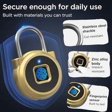Load image into Gallery viewer, Fingerprint Padlock, Dhiedas Padlock with Fingerprint Bluetooth, Waterproof Small Padlocks, USB Charging for Gym Locker, School, Luggage, Fence, Hasp Cabinet Gold_7027
