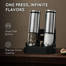 Load image into Gallery viewer, Flendy Electric Salt and Pepper Grinder Set Rechargeable, Automatic Salt and Pepper Grinder Set with Oversized Top Button, Stainless Steel Electric Salt and Pepper Shakers Set, Silver_6008
