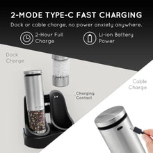 Load image into Gallery viewer, Flendy Electric Salt and Pepper Grinder Set Rechargeable, Automatic Salt and Pepper Grinder Set with Oversized Top Button, Stainless Steel Electric Salt and Pepper Shakers Set, Silver_6011

