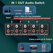 Load image into Gallery viewer, FlyroadUp 3.5mm Aux + RCA L/R Bi-Directional Stereo Audio Switch 4 in 1 Out, Black_4839
