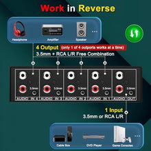 Load image into Gallery viewer, FlyroadUp 3.5mm Aux + RCA L/R Bi-Directional Stereo Audio Switch 4 in 1 Out, Black_4840
