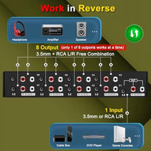 Load image into Gallery viewer, FlyroadUp 3.5mm Aux + RCA L/R Bi-Directional Stereo Audio Switch 8 in 1 Out A/B Analog Audio Switcher Selector, Black_4555
