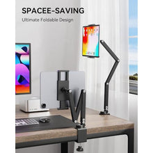 Load image into Gallery viewer, Foldable Flexible Tablet Stand Holder for Desk, 360 Adjustable iPad Arm Mount, Portable Monitor 15.6 Stand, Premium Phone Holder Compatible with iPad 13/12.9/11 Mini/10/9th, Samsung, Kindle, black_712
