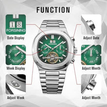 Load image into Gallery viewer, FORSINING Automatic Mechanical Watch for Men, Classic Square Case, Tourbillon Dial, Multifunctional (Date/Week/Month) Business Casual Wristwatch with Stainless Steel Starp Waterproof Luminous (Green)_860
