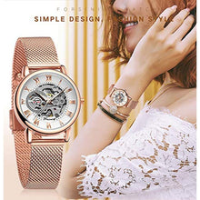 Load image into Gallery viewer, FORSINING New Women Fashion Skeleton Wristwatch Lady Casual Waterproof Self-Wind Mechanical Watch with Stainless Steel Mesh Band (03-Rose White), RoseWhite_8463
