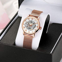 Load image into Gallery viewer, FORSINING New Women Fashion Skeleton Wristwatch Lady Casual Waterproof Self-Wind Mechanical Watch with Stainless Steel Mesh Band (03-Rose White), RoseWhite_8466
