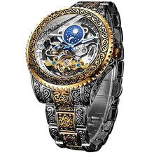 Load image into Gallery viewer, FORSINING Retro Watch for Men Carved Self-Wind Mechanical Tattoo Tourbillon Moon Phase Independent Seconds Skeleton Automatic Big Dial Wrist Watches,Gold_1
