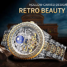 Load image into Gallery viewer, FORSINING Retro Watch for Men Carved Self-Wind Mechanical Tattoo Tourbillon Moon Phase Independent Seconds Skeleton Automatic Big Dial Wrist Watches,Gold_8618
