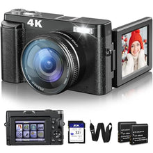Load image into Gallery viewer, Fulealfly 4K Digital Camera for Photography and Video, 48MP Vlogging with SD Card Autofocus Anti-Shake, 3'' 180 Flip Screen Flash 16X Zoom, Compact Travel (2 Batteries), Black_1

