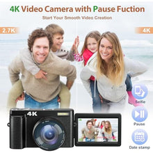 Load image into Gallery viewer, Fulealfly 4K Digital Camera for Photography and Video, 48MP Vlogging with SD Card Autofocus Anti-Shake, 3'' 180 Flip Screen Flash 16X Zoom, Compact Travel (2 Batteries), Black_82

